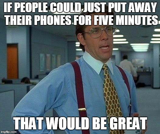 That Would Be Great Meme | IF PEOPLE COULD JUST PUT AWAY THEIR PHONES FOR FIVE MINUTES THAT WOULD BE GREAT | image tagged in memes,that would be great | made w/ Imgflip meme maker