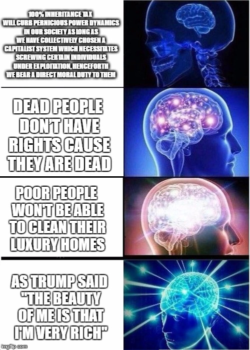 Expanding Brain Meme | 100% INHERITANCE TAX WILL CURB PERNICIOUS POWER DYNAMICS IN OUR SOCIETY AS LONG AS WE HAVE COLLECTIVELY CHOSEN A CAPITALIST SYSTEM WHICH NECESSITATES SCREWING CERTAIN INDIVIDUALS UNDER EXPLOITATION, HENCEFORTH WE BEAR A DIRECT MORAL DUTY TO THEM; DEAD PEOPLE DON’T HAVE RIGHTS CAUSE THEY ARE DEAD; POOR PEOPLE WON'T BE ABLE TO CLEAN THEIR LUXURY HOMES; AS TRUMP SAID "THE BEAUTY OF ME IS THAT I'M VERY RICH" | image tagged in expanding brain | made w/ Imgflip meme maker