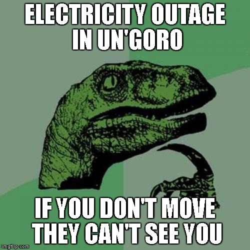 Philosoraptor Meme | ELECTRICITY OUTAGE IN UN'GORO; IF YOU DON'T MOVE THEY CAN'T SEE YOU | image tagged in memes,philosoraptor | made w/ Imgflip meme maker