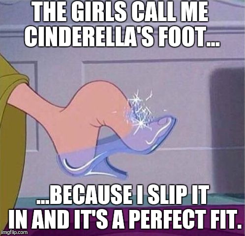 Cinderella shoe |  THE GIRLS CALL ME CINDERELLA'S FOOT... ...BECAUSE I SLIP IT IN AND IT'S A PERFECT FIT. | image tagged in cinderella shoe | made w/ Imgflip meme maker