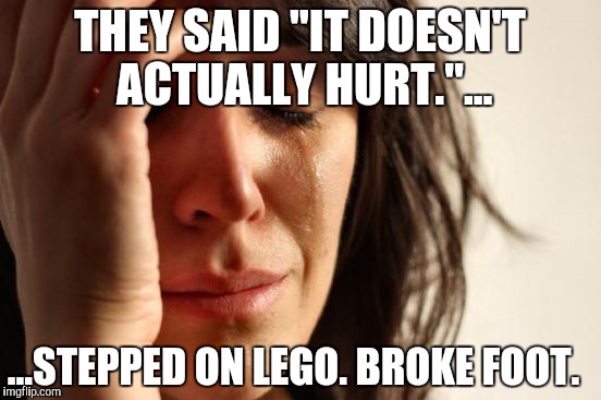 First World Problems | THEY SAID "IT DOESN'T ACTUALLY HURT."... ...STEPPED ON LEGO. BROKE FOOT. | image tagged in memes,first world problems | made w/ Imgflip meme maker