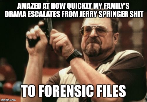 Am I The Only One Around Here | AMAZED AT HOW QUICKLY MY FAMILY'S DRAMA ESCALATES FROM JERRY SPRINGER SHIT; TO FORENSIC FILES | image tagged in memes,am i the only one around here | made w/ Imgflip meme maker