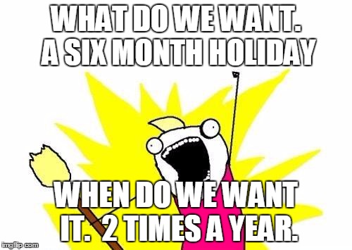 X All The Y | WHAT DO WE WANT. 
A SIX MONTH HOLIDAY; WHEN DO WE WANT IT. 
2 TIMES A YEAR. | image tagged in memes,x all the y | made w/ Imgflip meme maker