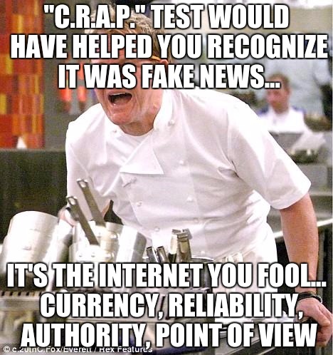 Chef Gordon Ramsay | "C.R.A.P." TEST WOULD HAVE HELPED YOU RECOGNIZE IT WAS FAKE NEWS... IT'S THE INTERNET YOU FOOL...  CURRENCY, RELIABILITY, AUTHORITY, POINT OF VIEW | image tagged in memes,chef gordon ramsay | made w/ Imgflip meme maker