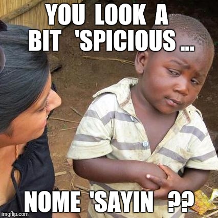 Third World Skeptical Kid | YOU  LOOK  A  BIT   'SPICIOUS ... NOME  'SAYIN   ?? | image tagged in memes,third world skeptical kid | made w/ Imgflip meme maker