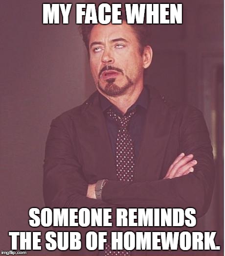 Face You Make Robert Downey Jr | MY FACE WHEN; SOMEONE REMINDS THE SUB OF HOMEWORK. | image tagged in memes,face you make robert downey jr | made w/ Imgflip meme maker