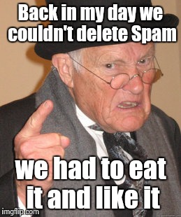 Back in my day I'd have Spam , Eggs , Bacon and Spam | Back in my day we couldn't delete Spam; we had to eat it and like it | image tagged in memes,back in my day | made w/ Imgflip meme maker
