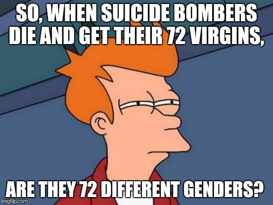 Futurama Fry Meme | SO, WHEN SUICIDE BOMBERS DIE AND GET THEIR 72 VIRGINS, ARE THEY 72 DIFFERENT GENDERS? | image tagged in memes,futurama fry | made w/ Imgflip meme maker