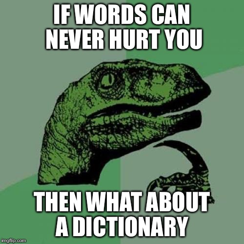 Philosoraptor | IF WORDS CAN NEVER HURT YOU; THEN WHAT ABOUT A DICTIONARY | image tagged in memes,philosoraptor | made w/ Imgflip meme maker
