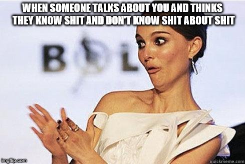 Sarcastic Natalie Portman | WHEN SOMEONE TALKS ABOUT YOU AND THINKS THEY KNOW SHIT AND DON'T KNOW SHIT ABOUT SHIT | image tagged in sarcastic natalie portman | made w/ Imgflip meme maker