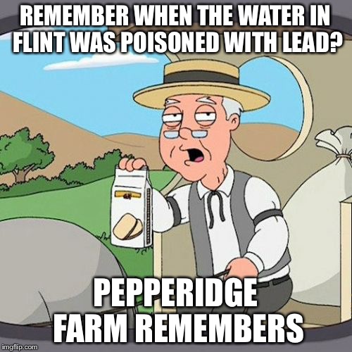 FYI: Still Happening | REMEMBER WHEN THE WATER IN FLINT WAS POISONED WITH LEAD? PEPPERIDGE FARM REMEMBERS | image tagged in memes,pepperidge farm remembers,flint water,flint,funny | made w/ Imgflip meme maker