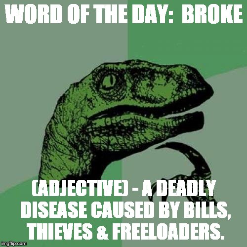 Philosoraptor | WORD OF THE DAY:  BROKE; (ADJECTIVE) - A DEADLY DISEASE CAUSED BY BILLS, THIEVES & FREELOADERS. | image tagged in memes,philosoraptor | made w/ Imgflip meme maker