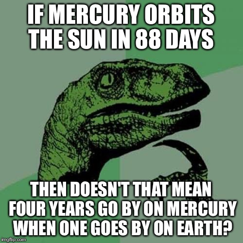 Planets  | IF MERCURY ORBITS THE SUN IN 88 DAYS; THEN DOESN'T THAT MEAN FOUR YEARS GO BY ON MERCURY WHEN ONE GOES BY ON EARTH? | image tagged in memes,philosoraptor | made w/ Imgflip meme maker