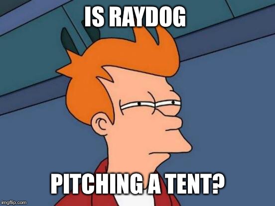 Futurama Fry Meme | IS RAYDOG PITCHING A TENT? | image tagged in memes,futurama fry | made w/ Imgflip meme maker