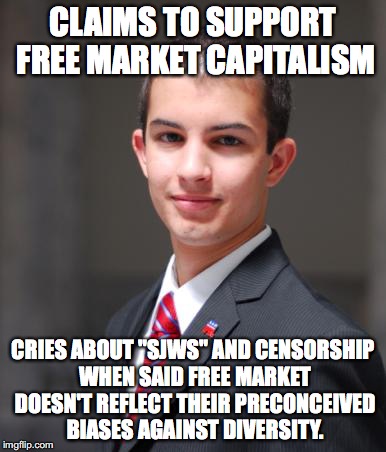 College Conservative  | CLAIMS TO SUPPORT FREE MARKET CAPITALISM; CRIES ABOUT "SJWS" AND CENSORSHIP WHEN SAID FREE MARKET DOESN'T REFLECT THEIR PRECONCEIVED BIASES AGAINST DIVERSITY. | image tagged in college conservative,diversity,star wars,hollywood,sjw,censorship | made w/ Imgflip meme maker