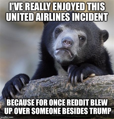 Confession Bear Meme | I'VE REALLY ENJOYED THIS UNITED AIRLINES INCIDENT; BECAUSE FOR ONCE REDDIT BLEW UP OVER SOMEONE BESIDES TRUMP | image tagged in memes,confession bear | made w/ Imgflip meme maker