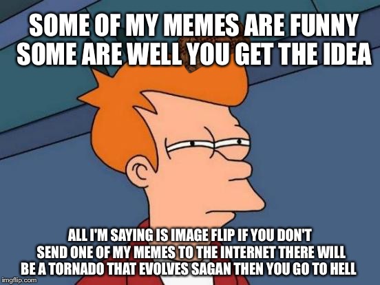 Futurama Fry | SOME OF MY MEMES ARE FUNNY SOME ARE WELL YOU GET THE IDEA; ALL I'M SAYING IS IMAGE FLIP IF YOU DON'T SEND ONE OF MY MEMES TO THE INTERNET THERE WILL BE A TORNADO THAT EVOLVES SAGAN THEN YOU GO TO HELL | image tagged in memes,futurama fry,scumbag | made w/ Imgflip meme maker