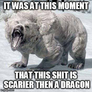 skyrim bear | IT WAS AT THIS MOMENT; THAT THIS SHIT IS SCARIER THEN A DRAGON | image tagged in skyrim bear | made w/ Imgflip meme maker