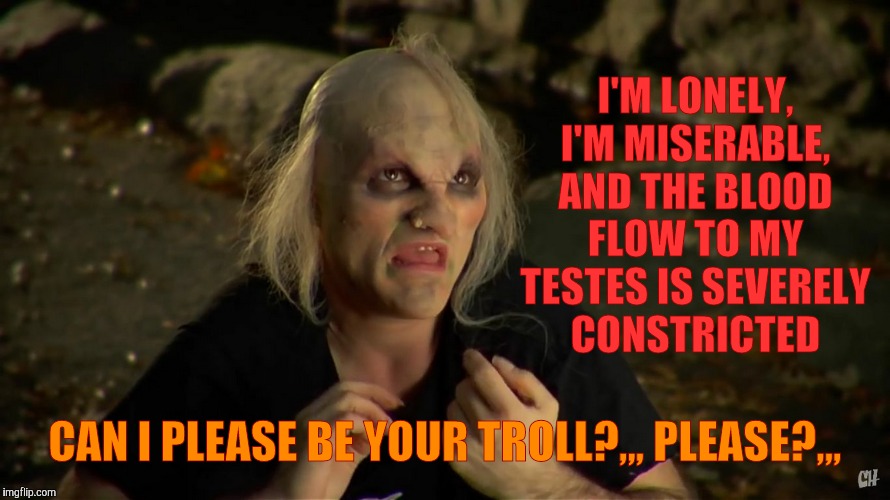 Internet Bridge Troll,,, | I'M LONELY, I'M MISERABLE, AND THE BLOOD FLOW TO MY TESTES IS SEVERELY CONSTRICTED; CAN I PLEASE BE YOUR TROLL?,,, PLEASE?,,, | image tagged in internet bridge troll   | made w/ Imgflip meme maker