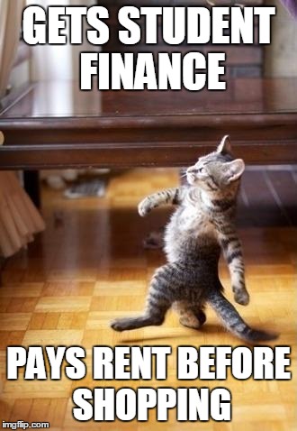 Cool Cat Stroll | GETS STUDENT FINANCE; PAYS RENT BEFORE SHOPPING | image tagged in memes,cool cat stroll | made w/ Imgflip meme maker