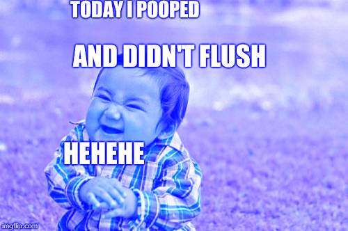 Evil Toddler Meme | TODAY I POOPED; AND DIDN'T FLUSH; HEHEHE | image tagged in memes,evil toddler | made w/ Imgflip meme maker