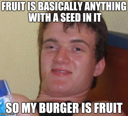 10 Guy | FRUIT IS BASICALLY ANYTHING WITH A SEED IN IT; SO MY BURGER IS FRUIT | image tagged in memes,10 guy | made w/ Imgflip meme maker