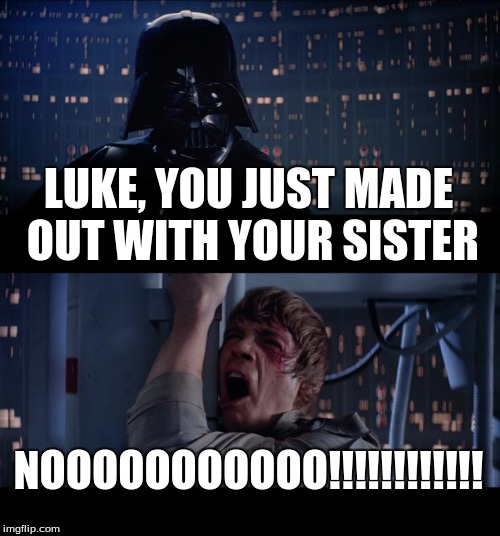 Star Wars No | LUKE, YOU JUST MADE OUT WITH YOUR SISTER; NOOOOOOOOOOO!!!!!!!!!!!! | image tagged in memes,star wars no | made w/ Imgflip meme maker