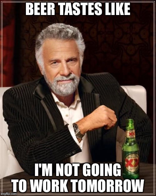 The Most Interesting Man In The World Meme | BEER TASTES LIKE; I'M NOT GOING TO WORK TOMORROW | image tagged in memes,the most interesting man in the world | made w/ Imgflip meme maker