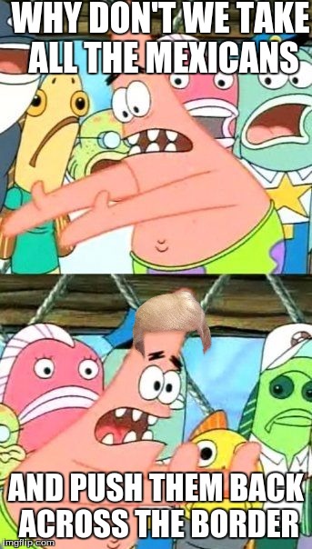 Put It Somewhere Else Patrick Meme | WHY DON'T WE TAKE ALL THE MEXICANS; AND PUSH THEM BACK ACROSS THE BORDER | image tagged in memes,put it somewhere else patrick | made w/ Imgflip meme maker