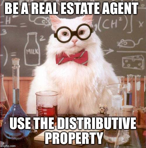 Science Cat | BE A REAL ESTATE AGENT; USE THE DISTRIBUTIVE PROPERTY | image tagged in science cat | made w/ Imgflip meme maker