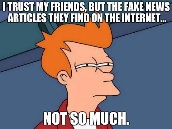 Futurama Fry Meme | I TRUST MY FRIENDS, BUT THE FAKE NEWS ARTICLES THEY FIND ON THE INTERNET... NOT SO MUCH. | image tagged in memes,futurama fry | made w/ Imgflip meme maker