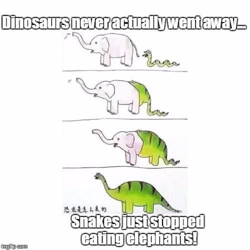 It wasn't a meteor after all | Dinosaurs never actually went away... Snakes just stopped eating elephants! | image tagged in snake,elephant,memes,dinosaur | made w/ Imgflip meme maker