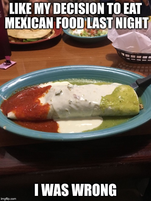 Mexican food in a nutshell | LIKE MY DECISION TO EAT MEXICAN FOOD LAST NIGHT; I WAS WRONG | image tagged in burrito,i was wrong | made w/ Imgflip meme maker