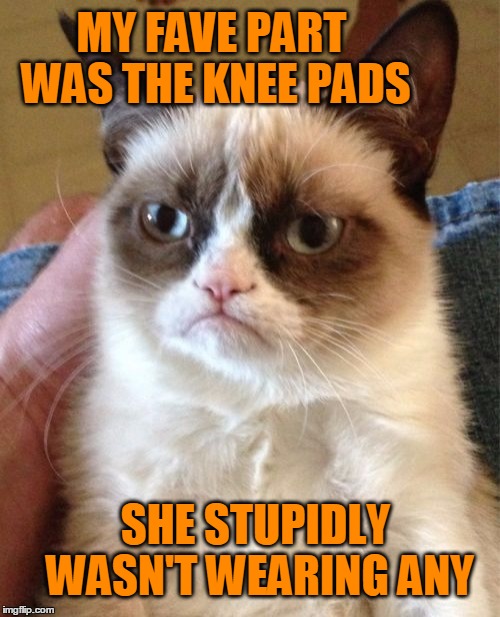 Grumpy Cat Meme | MY FAVE PART WAS THE KNEE PADS SHE STUPIDLY WASN'T WEARING ANY | image tagged in memes,grumpy cat | made w/ Imgflip meme maker