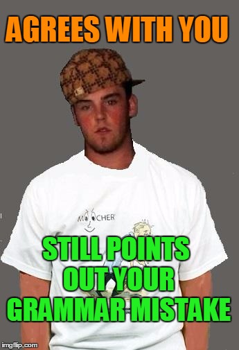 warmer season Scumbag Steve | AGREES WITH YOU STILL POINTS OUT YOUR GRAMMAR MISTAKE | image tagged in warmer season scumbag steve | made w/ Imgflip meme maker