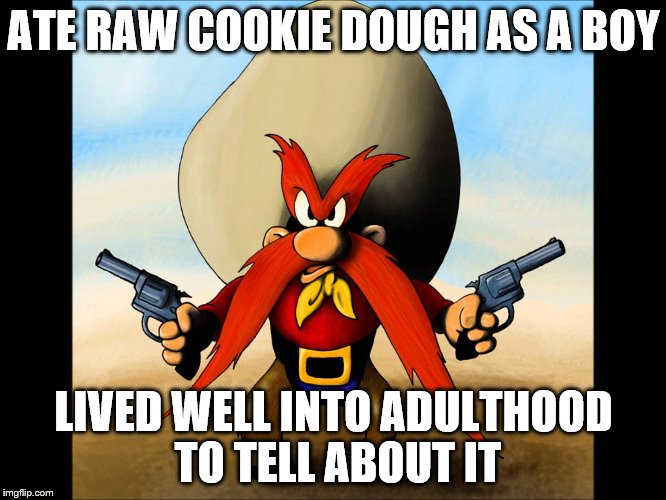 The crazy things we did as kids. | ATE RAW COOKIE DOUGH AS A BOY; LIVED WELL INTO ADULTHOOD TO TELL ABOUT IT | image tagged in yosemite sam | made w/ Imgflip meme maker