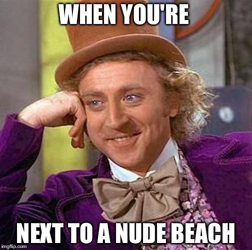Creepy Condescending Wonka Meme | WHEN YOU'RE; NEXT TO A NUDE BEACH | image tagged in memes,creepy condescending wonka | made w/ Imgflip meme maker
