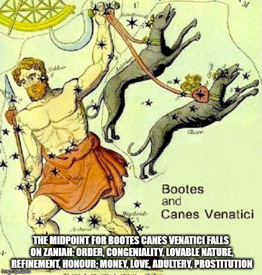 THE MIDPOINT FOR BOOTES CANES VENATICI FALLS ON ZANIAH: ORDER, CONGENIALITY, LOVABLE NATURE, REFINEMENT, HONOUR; MONEY, LOVE, ADULTERY, PROSTITUTION | made w/ Imgflip meme maker