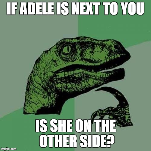 Philosoraptor Meme | IF ADELE IS NEXT TO YOU IS SHE ON THE OTHER SIDE? | image tagged in memes,philosoraptor | made w/ Imgflip meme maker