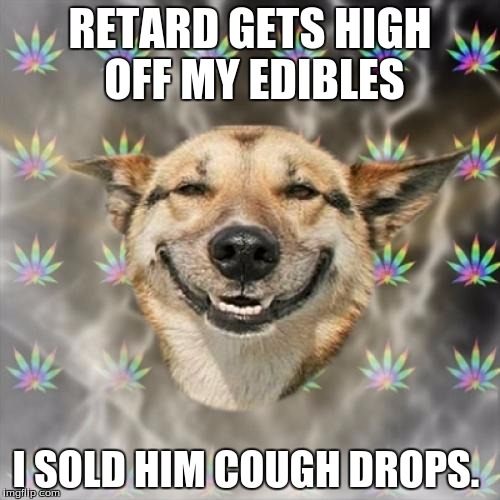 Stoner dog sells guy cough drops | RETARD GETS HIGH OFF MY EDIBLES; I SOLD HIM COUGH DROPS. | image tagged in stoner dog,memes,funny,weed,retard | made w/ Imgflip meme maker