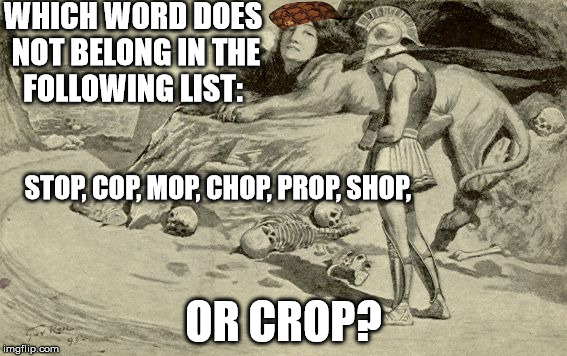 Riddles and Brainteasers | WHICH WORD DOES NOT BELONG IN THE FOLLOWING LIST:; STOP, COP, MOP, CHOP, PROP, SHOP, OR CROP? | image tagged in riddles and brainteasers,scumbag | made w/ Imgflip meme maker