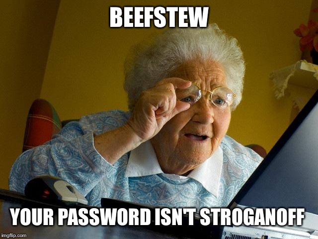 Grandma Finds The Internet Meme | BEEFSTEW; YOUR PASSWORD ISN'T STROGANOFF | image tagged in memes,grandma finds the internet | made w/ Imgflip meme maker