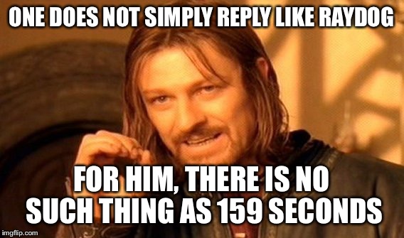 One Does Not Simply Meme | ONE DOES NOT SIMPLY REPLY LIKE RAYDOG; FOR HIM, THERE IS NO SUCH THING AS 159 SECONDS | image tagged in memes,one does not simply | made w/ Imgflip meme maker