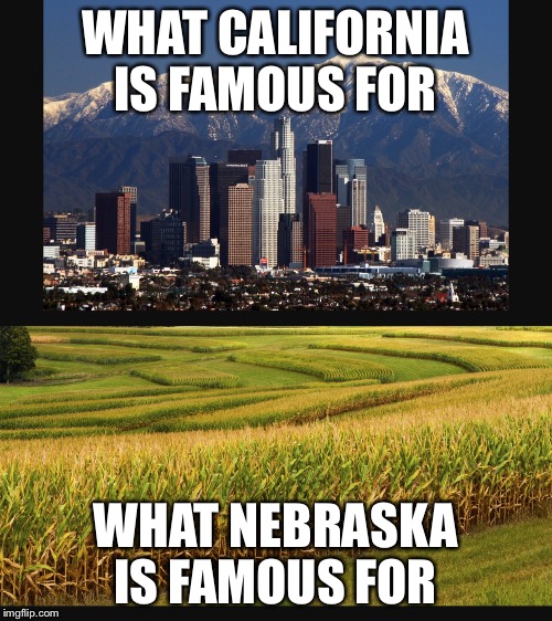 Nebraska vs. California  | WHAT CALIFORNIA IS FAMOUS FOR; WHAT NEBRASKA IS FAMOUS FOR | image tagged in nebraska,california,corn,building,skyline | made w/ Imgflip meme maker