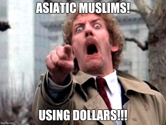 Screaming Donald Sutherland | ASIATIC MUSLIMS! USING DOLLARS!!! | image tagged in screaming donald sutherland | made w/ Imgflip meme maker