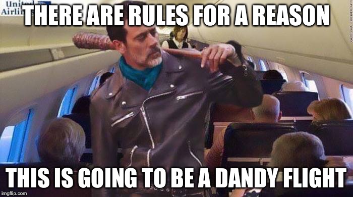 United Airlines new stew | THERE ARE RULES FOR A REASON; THIS IS GOING TO BE A DANDY FLIGHT | image tagged in neegan on united,memes | made w/ Imgflip meme maker