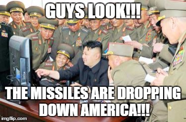 #MoreKimJongUn'sDreams | GUYS LOOK!!! THE MISSILES ARE DROPPING DOWN AMERICA!!! | image tagged in kim jong un,missile,america,destroy,funny | made w/ Imgflip meme maker