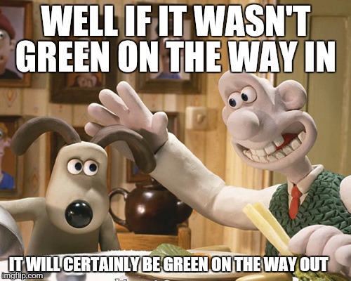 WELL IF IT WASN'T GREEN ON THE WAY IN IT WILL CERTAINLY BE GREEN ON THE WAY OUT | made w/ Imgflip meme maker