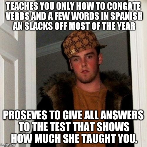 Scumbag Spanish Teacher | TEACHES YOU ONLY HOW TO CONGATE VERBS AND A FEW WORDS IN SPANISH AN SLACKS OFF MOST OF THE YEAR; PROSEVES TO GIVE ALL ANSWERS TO THE TEST THAT SHOWS HOW MUCH SHE TAUGHT YOU. | image tagged in memes,scumbag steve | made w/ Imgflip meme maker