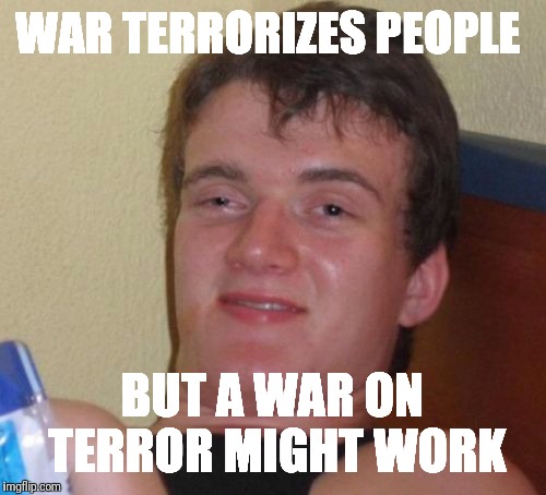 10 Guy Meme | WAR TERRORIZES PEOPLE; BUT A WAR ON TERROR MIGHT WORK | image tagged in memes,10 guy | made w/ Imgflip meme maker